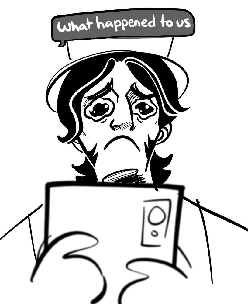This image has a single panel. It is an upwards camera angle where James Clark Ross is staring at his phone with tears in his eyes typing “what happened to us.”