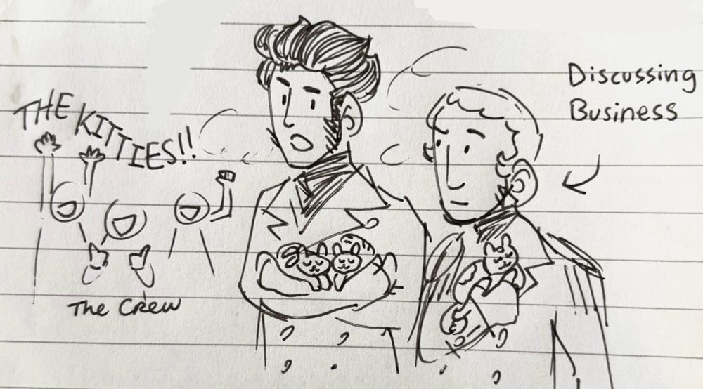 Historical James Clark Ross and Francis Crozier walking outside, each cradling the kittens (2 in JCR’s arms 1 in FRMC’s). An arrow points to them titled ‘discussing business’, and behind them a vague outline of the crew shouting ‘THE KITTIES’ can be seen on the left