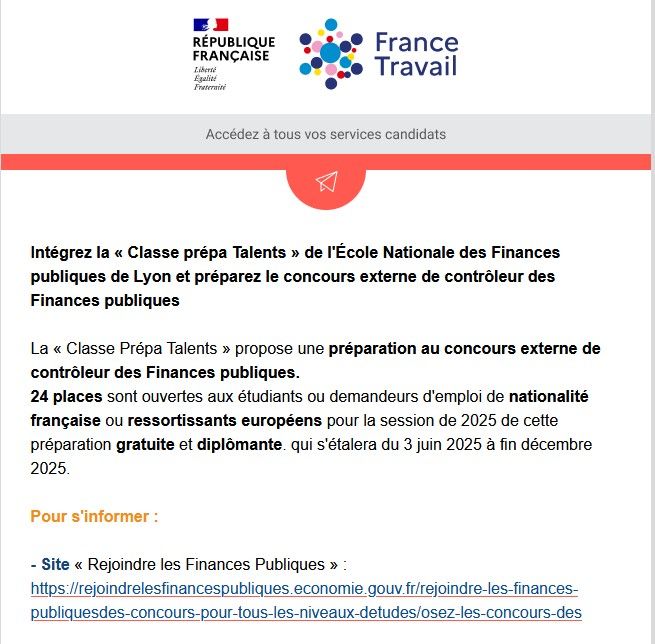 Capture d'écran d'un mail de France Travail proposant d'intégrer les classe Prépa talent de l’École Nationale des Finances Publique pour préparer le concours externe de contrôleur des Finances publiques