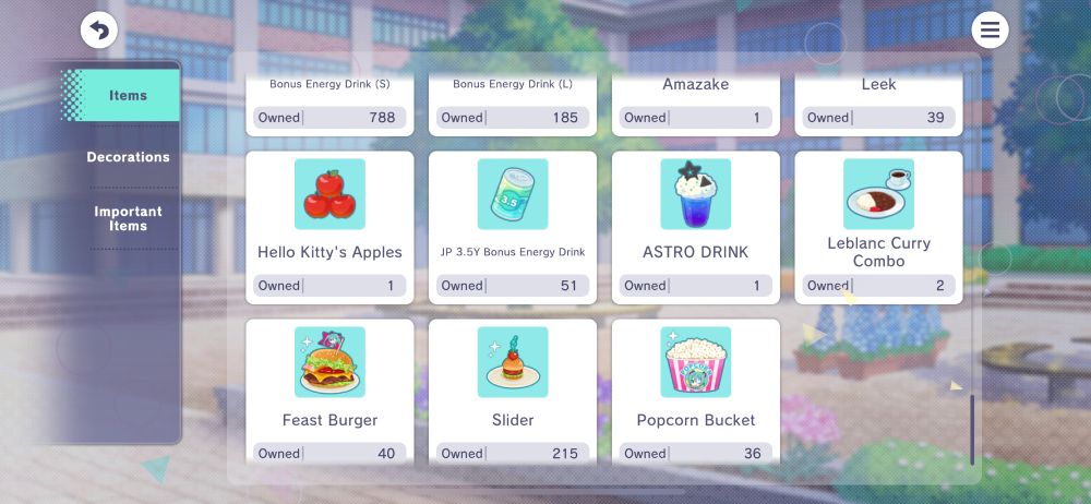 Bonus Energy Drink (S) - 788 (1 Energy)
Bonus Energy Drink (L) - 185 (10 Energy)
Amazake - 1 (10 Energy)
Leek - 39 (1 Energy)
Apples - 1 (10 Energy)
JP 3.5Y Bonus Energy Drink - 51 (10 Energy)
Astro Drink - 1 (10 Energy)
Leblanc Curry Combo - 2 (10 Energy)
Feast Burger - 40 (10 Energy)
Slider - 215 (1 Energy)
Popcorn Bucket - 36 (10 Energy)