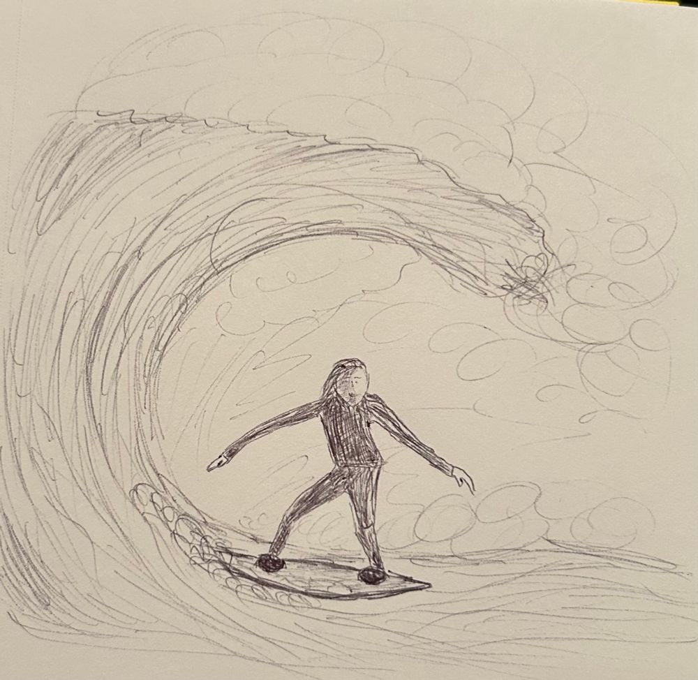 Woman in a wetsuit on a surfboard inside a large wave that’s curling over her head. Based on a picture of Australian surfer Laura Enever.