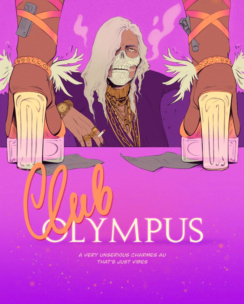 Digital fanart illustration of Hades game characters Charon and Hermes as patron and stripper. Charon is looking up at Hermes, who is performing on stage. Text on the image reads: "Club Olympus, A Very Unserious Charmes AU That's Just Vibes"