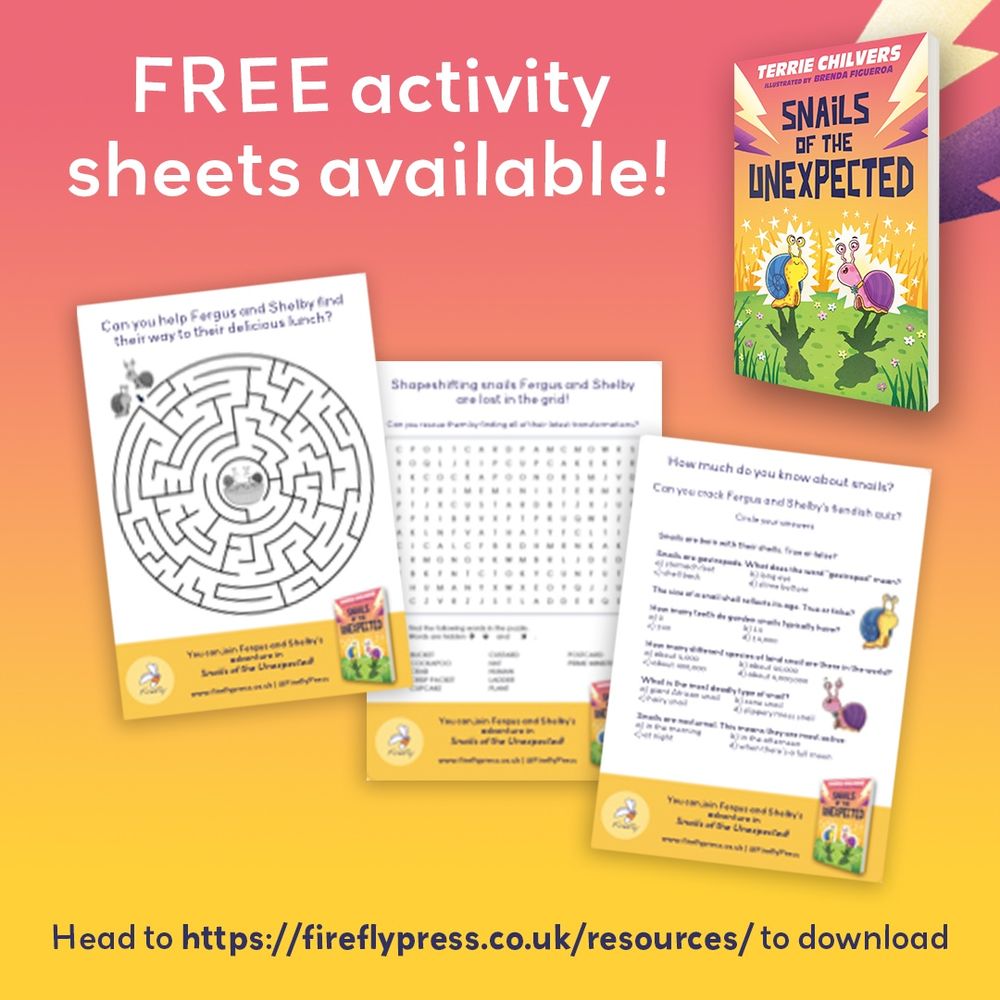 A picture of activity sheets for new chapter book “snails of the unexpected” including a maze, word search and snails quiz
