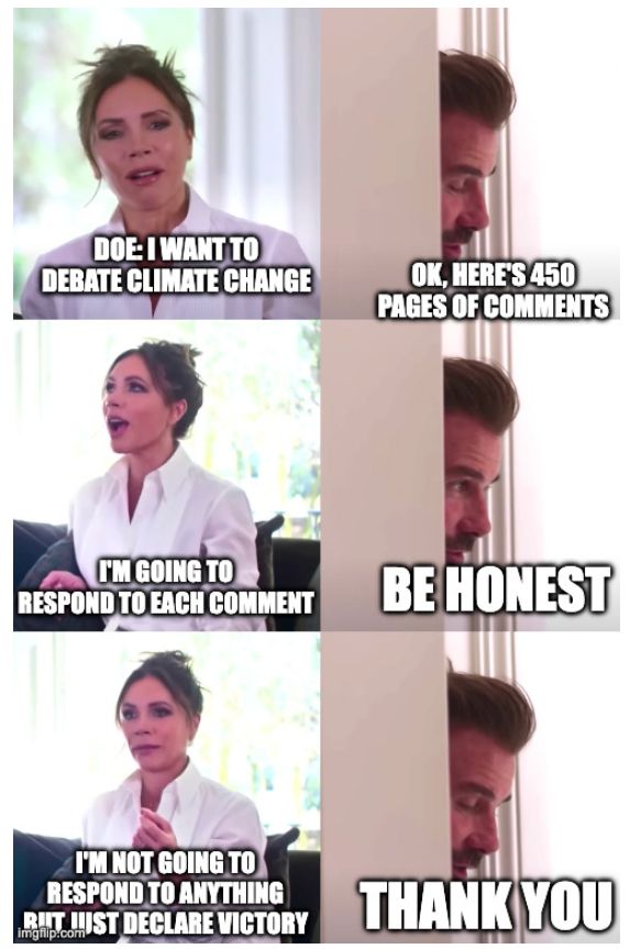 A comic-style meme depicts two people having a conversation indoors. In the first row, a person on the left says, 