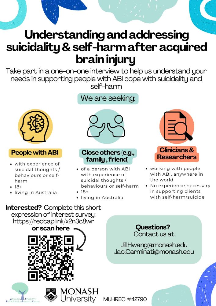 Flyer titled 'Understanding and addressing suicidality & self-harm after acquired brain injury.' It invites participants to take part in a one-on-one interview to share their needs in supporting people with ABI with experience of suicidality or self-harm.

The flyer lists three groups sought for interviews:

People with ABI: With experience of suicidal thoughts/behaviours or self-harm, aged 18+, living in Australia.
Close others (e.g., family, friends): Supporting someone with ABI who has experience of suicidal thoughts/behaviors or self-harm, aged 18+, living in Australia.
Clinicians & Researchers: Working with people with ABI, worldwide, no prior experience with self-harm/suicide necessary.
It includes a link and QR code to a short expression of interest survey (https://redcap.link/x2n3c8wr) and contact details for Jill.Hwang@monash.edu and Jao.Carminati@monash.edu. The flyer features logos for Monash Epworth Rehabilitation Research Centre and Monash University. Ethics approval: MUHREC #42790.