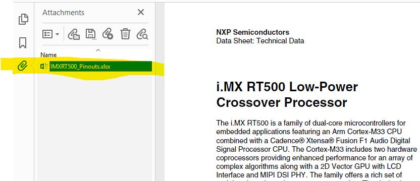 Datasheet PDF of an i.MX RT500 opened in Adobe Acrobat with the file tabs open showing a Excel file for the pinout of the part