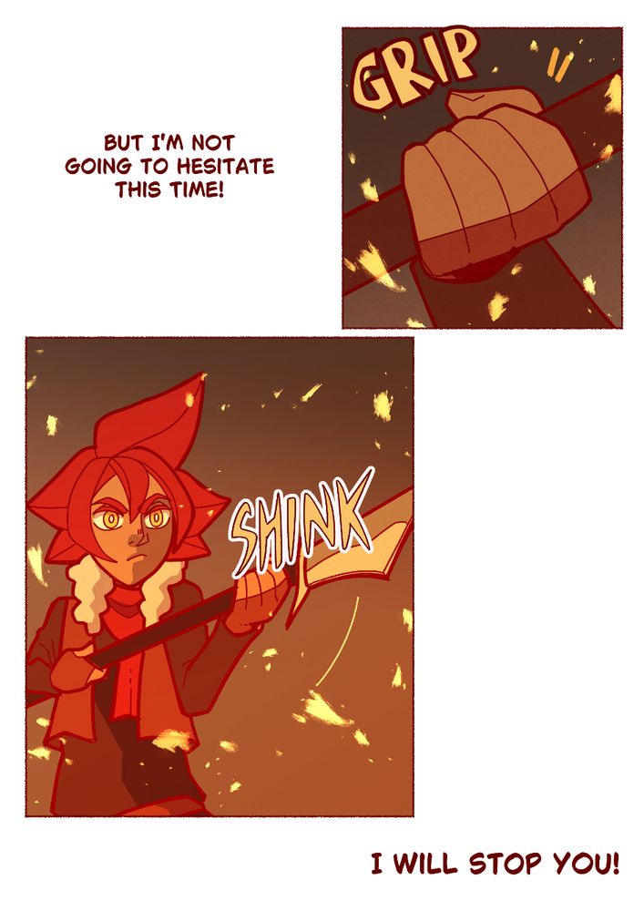 Two comic panels, the first showing Aidan's hand gripping a spear while the next is him pointing the spear at Chronus (off the frame). The monologue by Aidan reads: "But I'm not going to hesitate this time! I will stop you!"