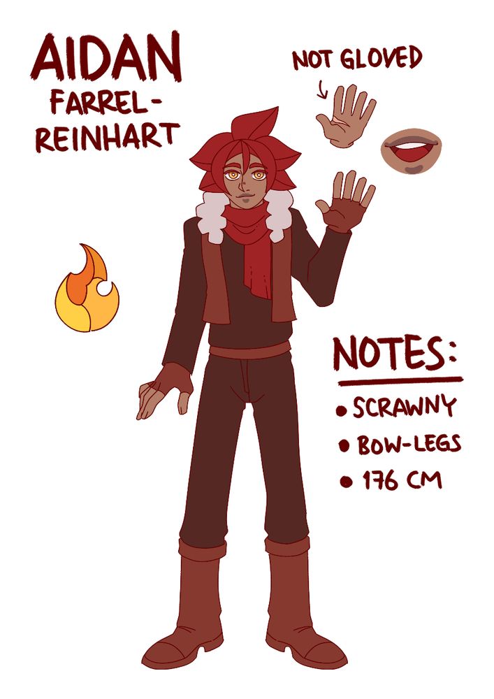 Character reference sheet featuring Aidan Farrell-Reinhart, a red haired young man and the main character of The Firewalker. He is scrawny and has bow-legs. A big scar is on his left palm, normally covered by fingerless glove.