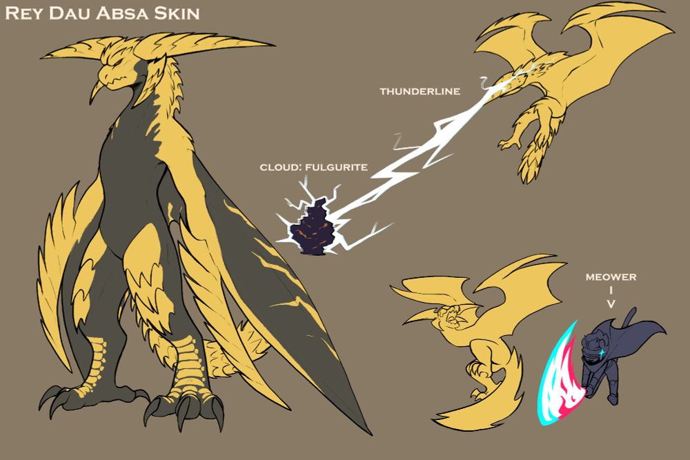 a sketch concept of Absa as Rey Dau from Monster Hunter Wilds, where her cloud is fulgurite and her thunderline makes her horns fold to make a rail gun. Plus have a doodle of Clairen being a cat and wanting to cut the Rey Dau's tail lmao