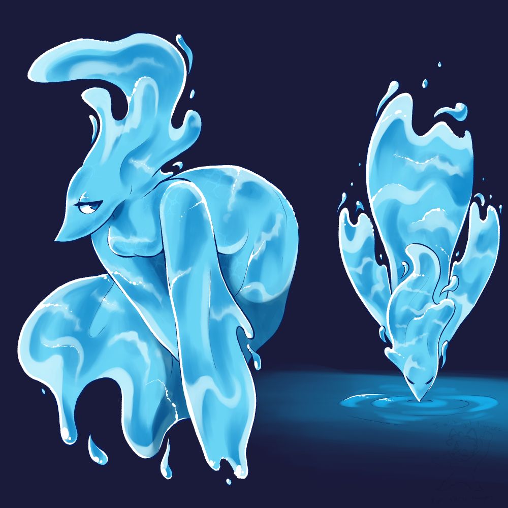deltarune fanart of Miss Mizzle, one where she's bent down looking to the side, another where her nose touches a water surface and causes a ripple.