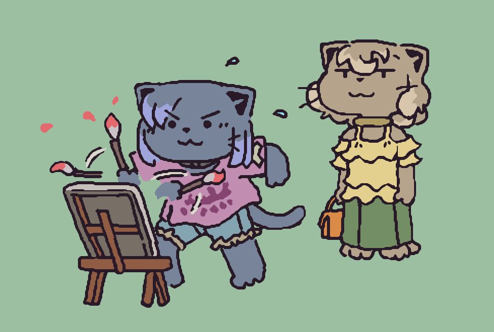 Gamila observes Choco hard at work painting.