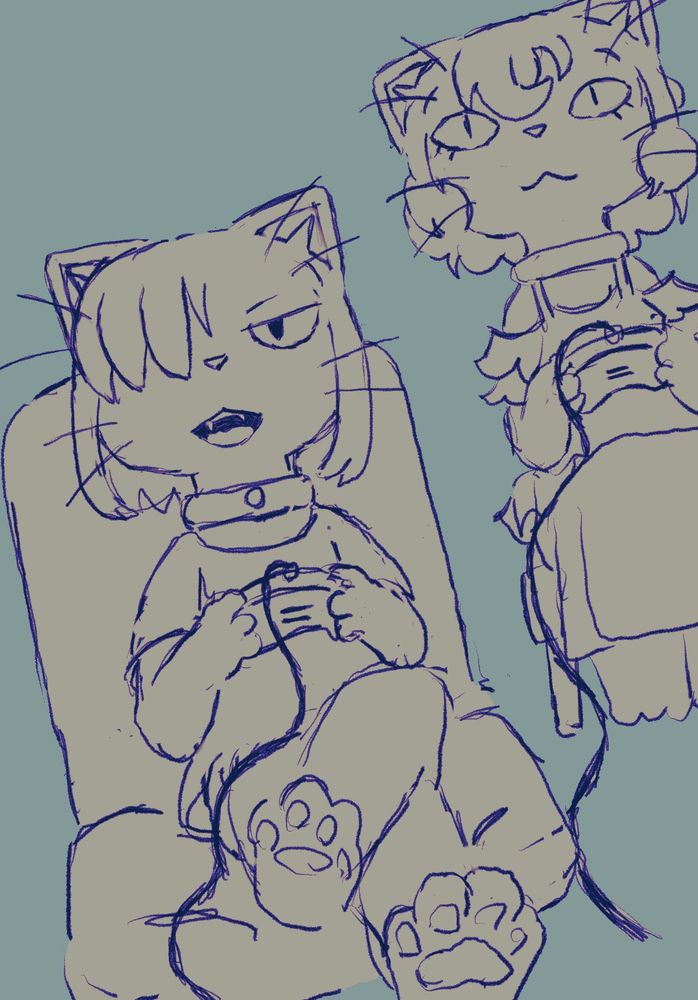 Line drawing of Choco and Gamila. They are playing video game.
