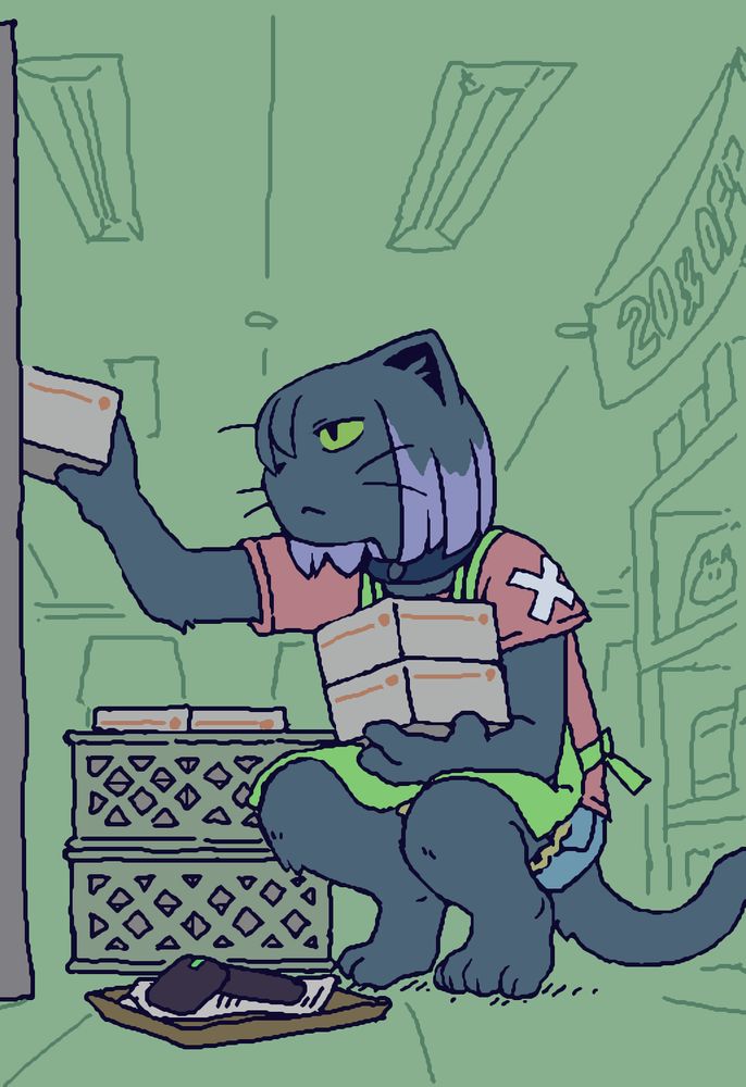 Choco is restocking goods on the store shelf.