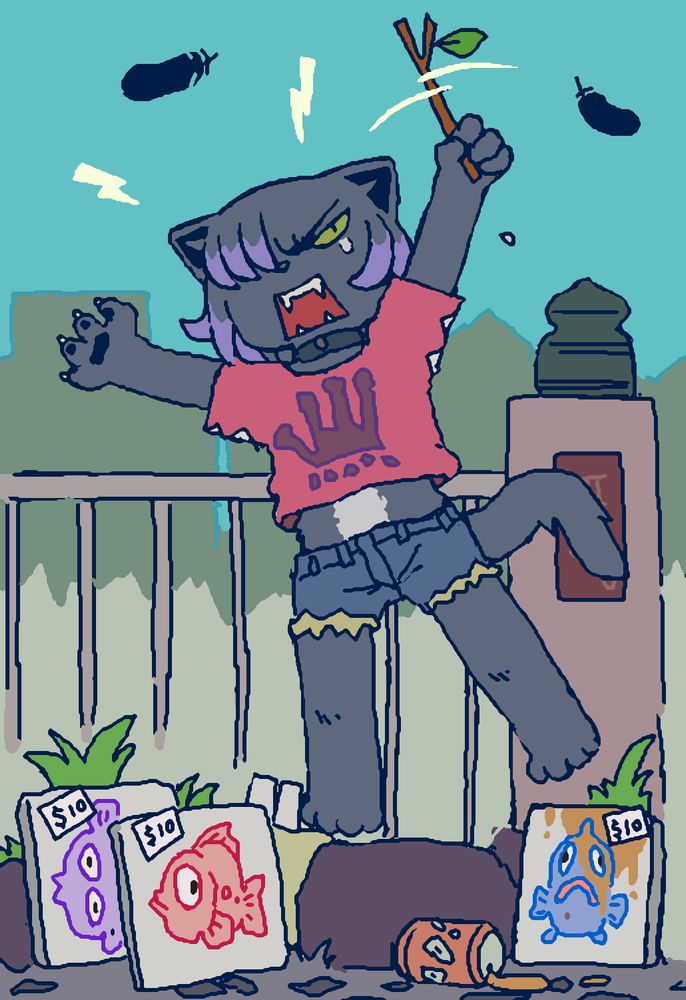 Choco Grayson is chasing away the crows that are interfering with the sale of her paintings. I redrew my last drawing.