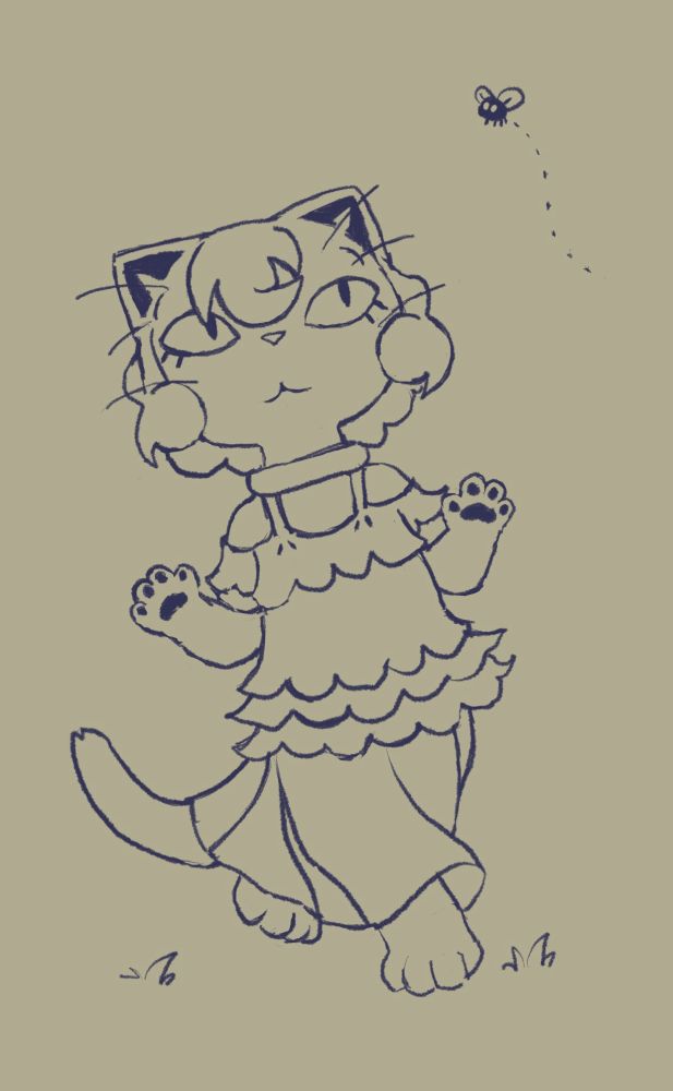 Line drawing of Gamila and a winged insect flying near her head.