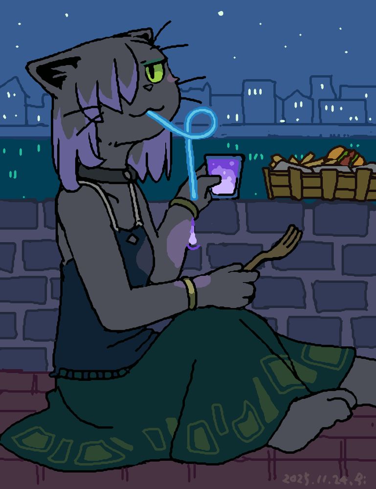 Choco Grayson is sitting by the river enjoying a stylish dinner.