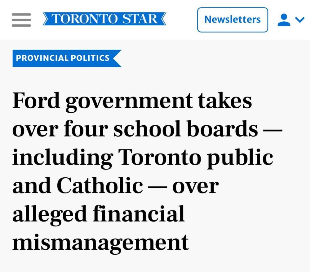 Screenshot of a newspaper headline on a white background. A blue Toronto Star banner is at the top left, with a “Newsletters” button on the top right. Another smaller blue banner before the headline reads “Provincial Politics” in caps. Article heading is in bold, black font.