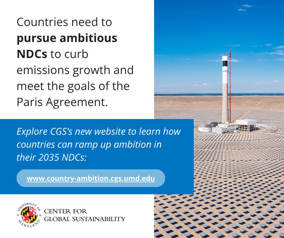 A solar farm in the middle of a desert on a day with clear blue skies. Text in a box on the left-hand side reads, "Countries need to pursue ambitious NDCs to curb emissions growth and meet the goals of the Paris Agreement. Explore CGS's new website to learn how countries can ramp up ambition in their 2035 NDCs." 