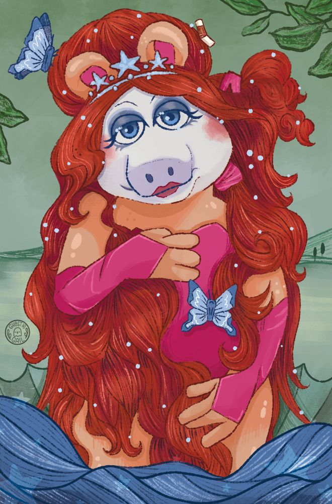 An illustrated image of Miss Piggy inspired by an image of her in Miss Piggy's Masterpiece Calendar where she posed as The Birth of Venus by Sandro Botticelli, but wearing the outfit and hair of Chappell Roan's Tiny Desk Performance