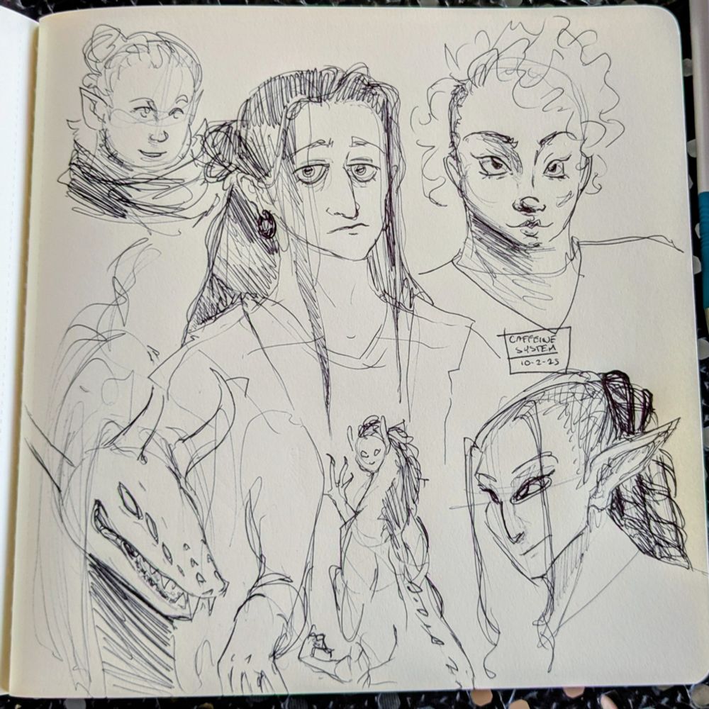 A small page of simple black pen drawings on a cream-colored page of sketchbook paper. There are a total of six figures, four of which are humanoid faces, two of which are monsters or creatures. 