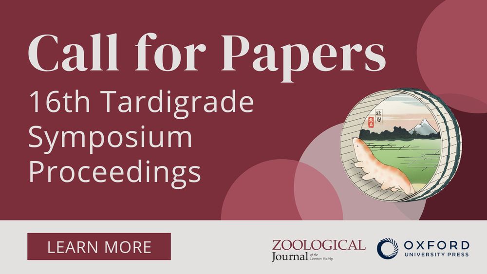 ZOOLIN is seeking submissions for their 16th Tardigrade Symposium Proceedings. On a burgundy design with an image of a tardigrade and varying circle sizes.
