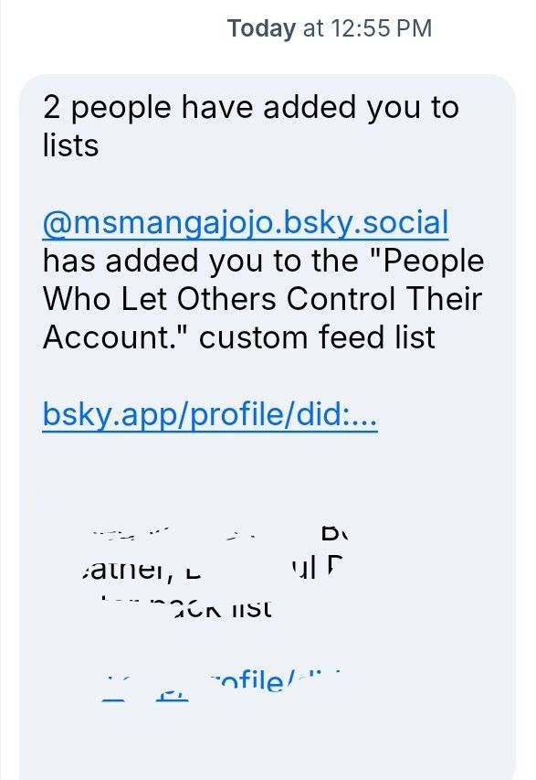 A screenshot of a former follower's BlueSky handle, whom I blocked a few months ago!!  For whatever reason, there has been 2 attempts to get me on a block list,..this one and some other one that pertained to 'haters of AI, whatever,'... However, I don't hate AI, as I use it to gather information and to help me with coming up with  a multitude of ideas!!  ✌🏽😎