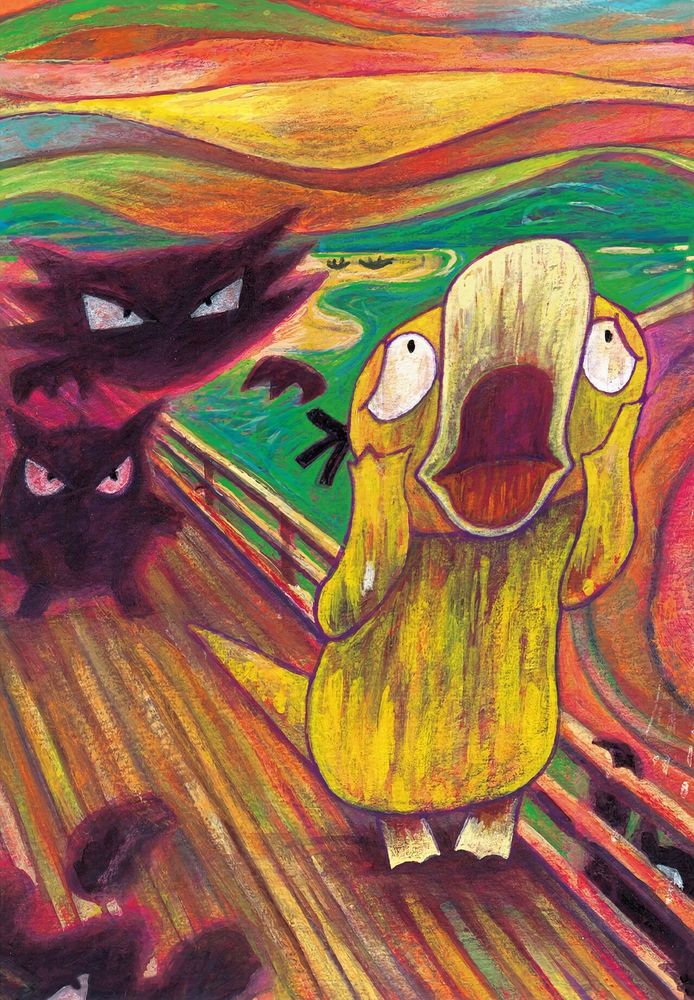Das Artwork einer Pokemon Promo Karte die ein Enton im Stil von „Der Schrei“ darstellt. Das Enton schreit, im Hintergrund ein Alpollo und ein Gengar.