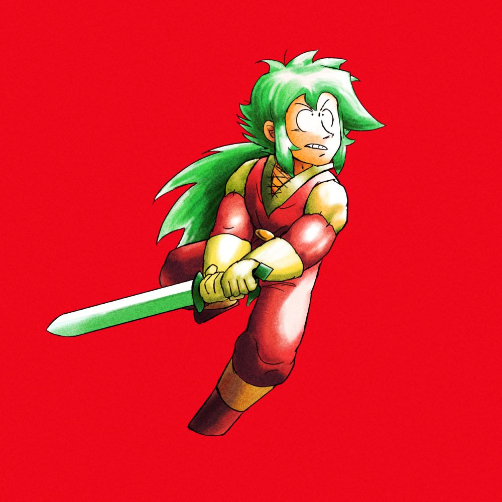 Lem shaded in the style of Blaze and Blade Eternal Quest Art (https://www.retromags.com/gallery/image/12591-blaze-blade-japan/)
Lem is looking to the top right and holding a green sword