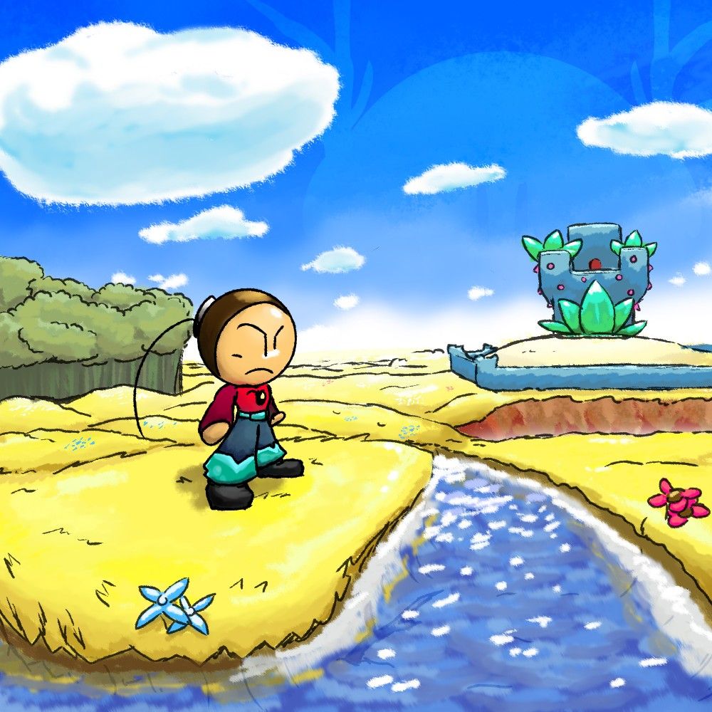 Asher standing on the riverbank on Yellow Planet. He is wearing the Super Slide Pants. There is a forest and the Lotobud castle in the background. In the sky, you can see Nulsitznik's Moon Shell looming.