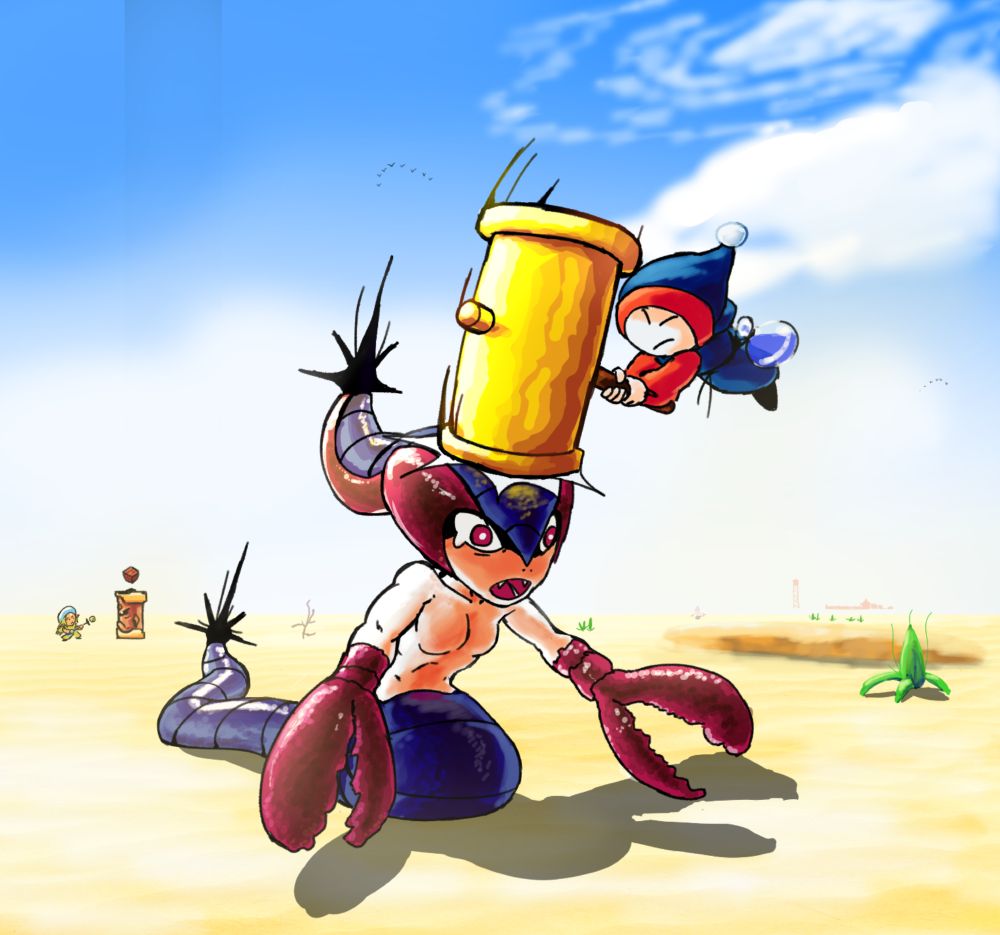 yalk hitting a creature on its head with a big golden hammer in the desert
a person is in the back fighting a mean pillar