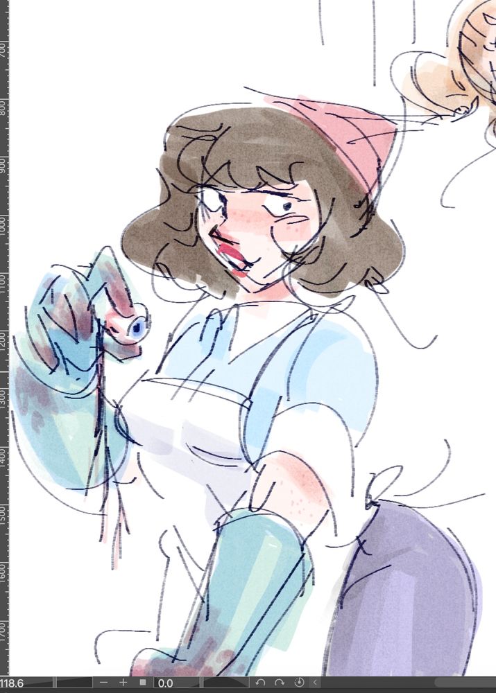A rough sketch of a stereotypical housewife: wearing a pink bandana, adorning red lipstick, and has green, bloodied dishwashing gloves on. She holds between her finger and thumb an eyeball.