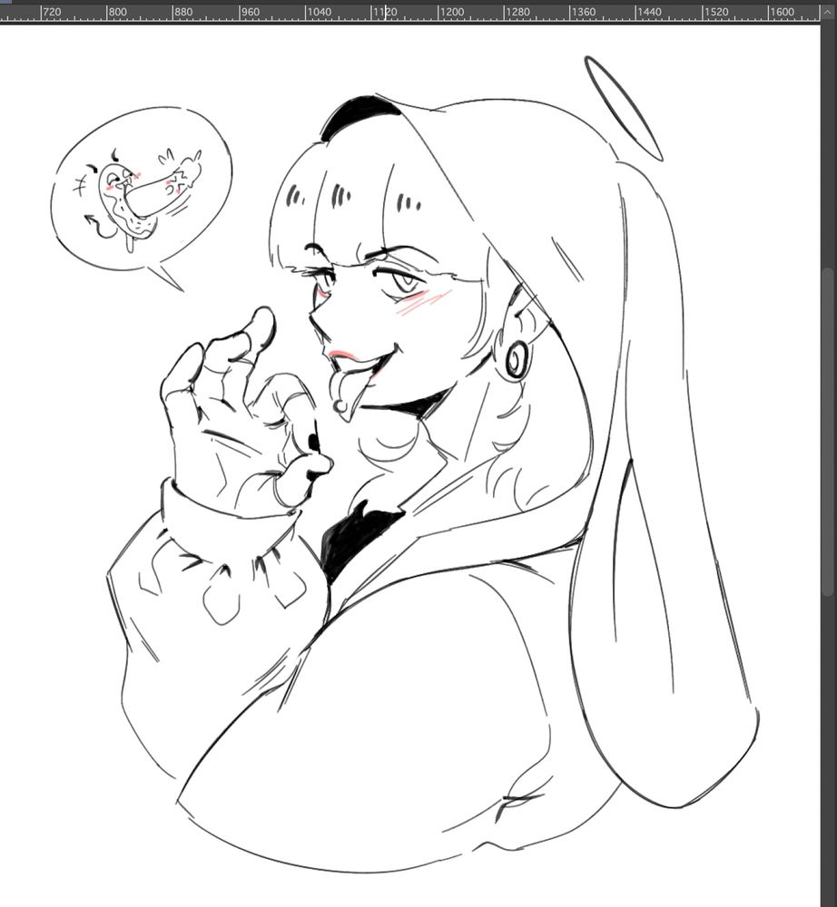 Half-body sketch of the new Panty and Stocking with Garterbelt character, Polyurethane. He wears a large sweater with long bunny ears on the hood. He seductively looks towards someone, sticking his tongue out and making an "OK" sign with his hand. A speech bubble next to him shows a cartoony eggplant being inserted into a devilish doughnut.