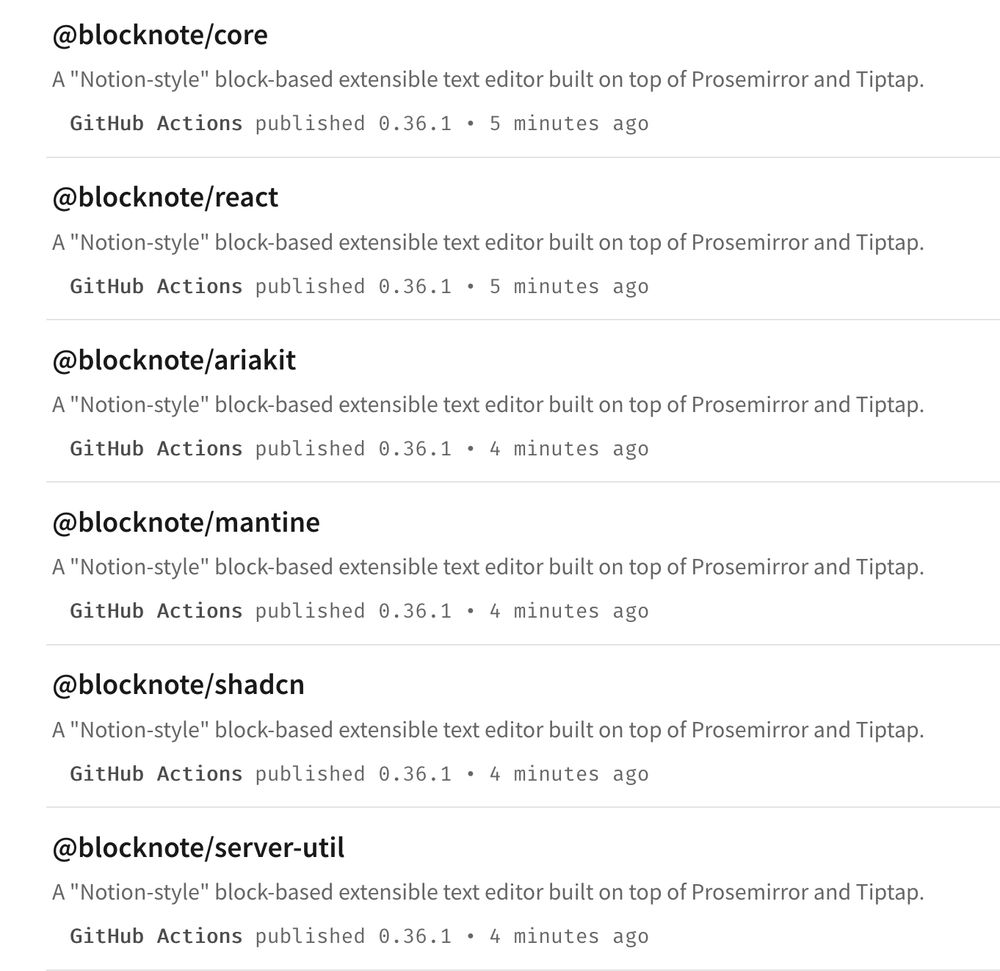 A list of @blocknote packages which all have been published in the past 5 minutes by GitHub Actions via the new OIDC trusted publishing on NPM