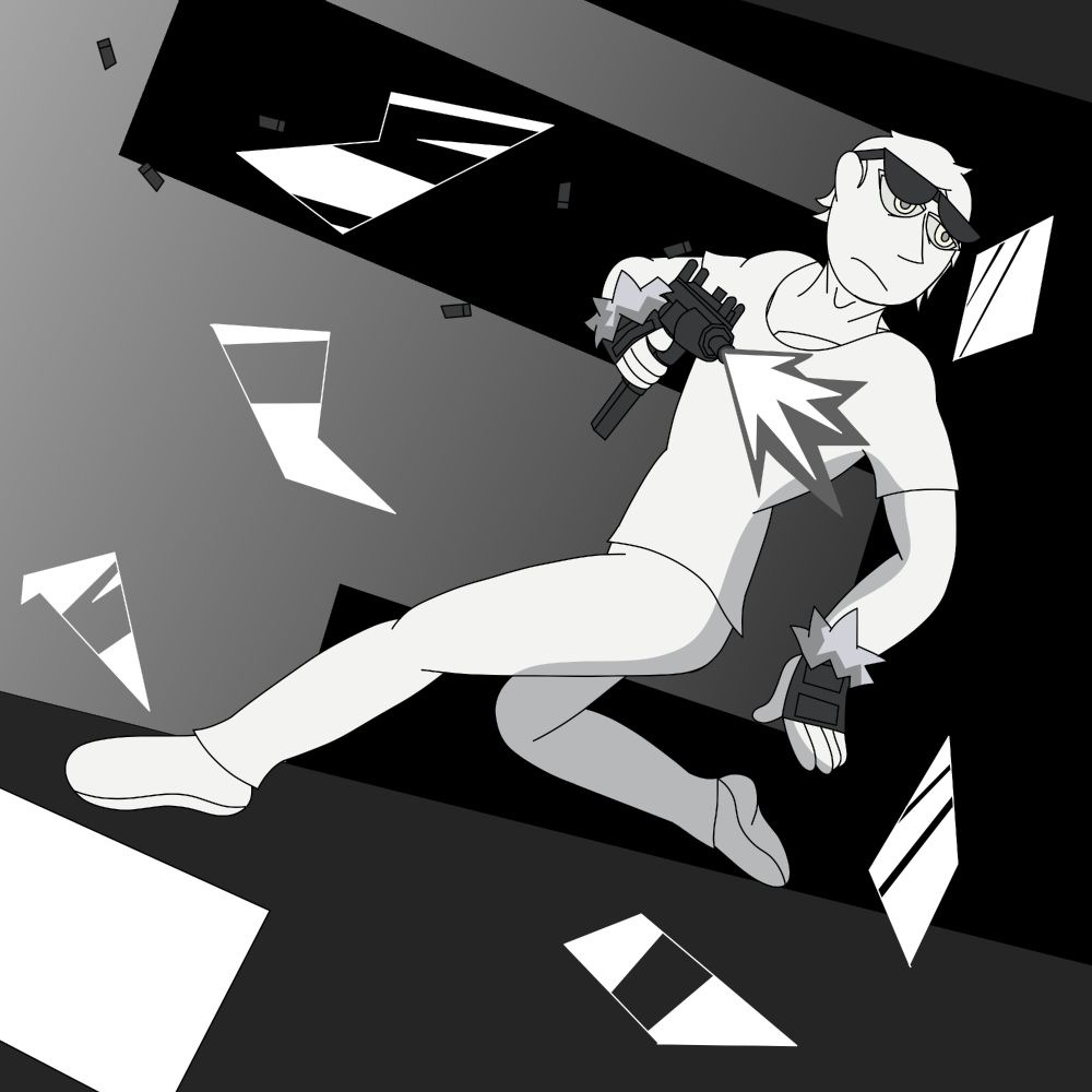 A more human-like design for Thirteen from CF:BR, leaping from a high window while spraying at an unseen target.

The camera follows him as the world around him goes sideways.