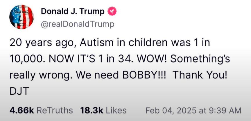 Quote from Donald J Trump on Truth Social claiming autism has gone from 1 in 10000 to 1 in 34. 