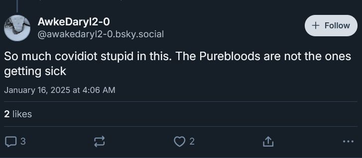 "So much covidiot stupid in this. The Purebloods are not the ones getting sick" 