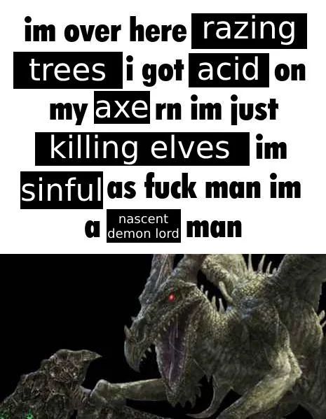 Meme of Treerazer from Pathfinder ranting about killing elves. 
