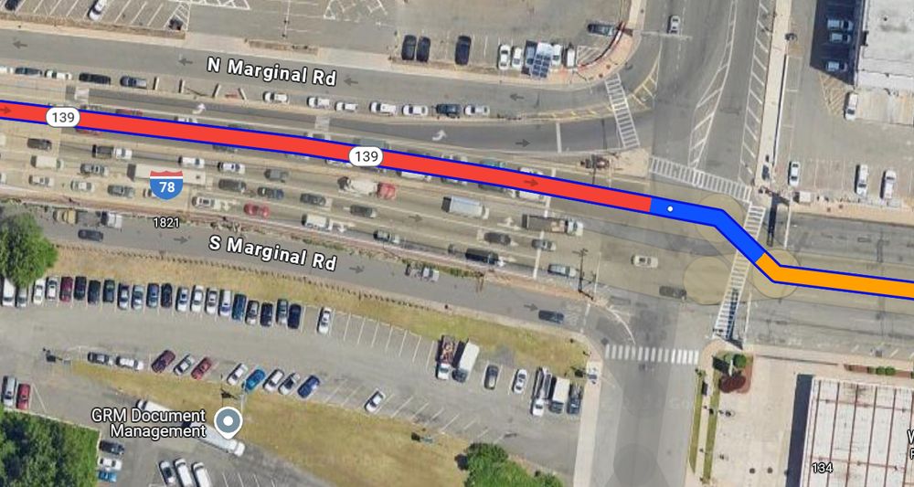 Road map showing congestion from pictures above, with the fan-out from highway off-ramps to a six-line stroad.