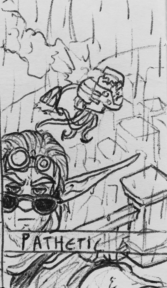 Another snapchat of Jack looking unimpressed at the camera, glasses sitting low on his nose so that his full expression is visible. Over his shoulder, Praxis' mech is crashing and burning. The text over the picture reads, "PATHETIC." 