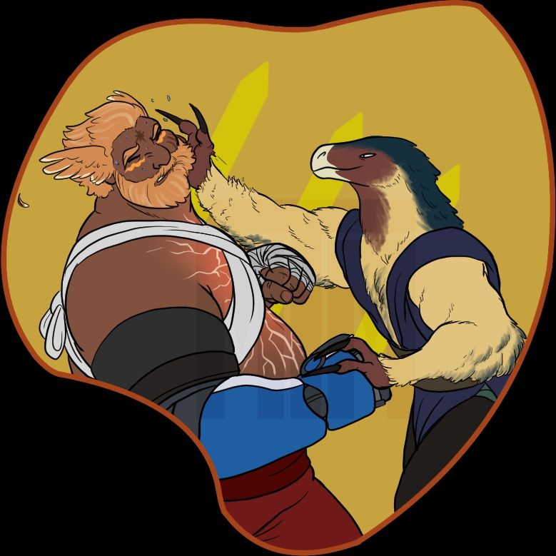 Talon, a therizinosaurus martial artist, smacking Bori in the chin during a spar, sending sweat and feathers flying. They're framed by the Monk job crystal from FFXIV.