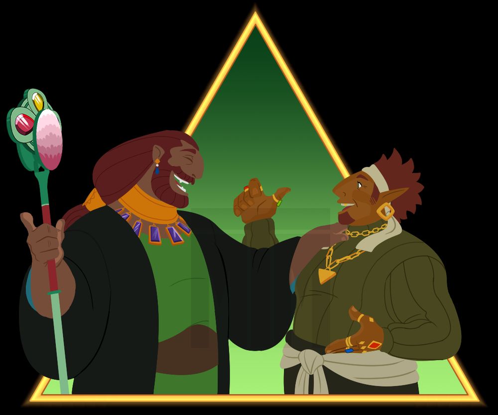 Ezlo-X's Ganondorf having a light-hearted conversation with my OC Goduga, both of whom are male Gerudo from The Legend of Zelda. The background is a green triangle with a golden frame.