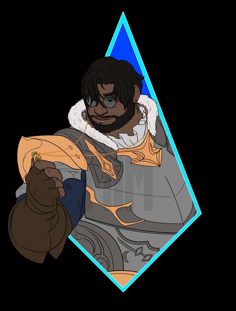 A Hellsguard Roegadyn named Magne, looking at an open locket implied to contain a picture of a loved one. He's leaning out of a frame shaped like the MotherCrystal.
