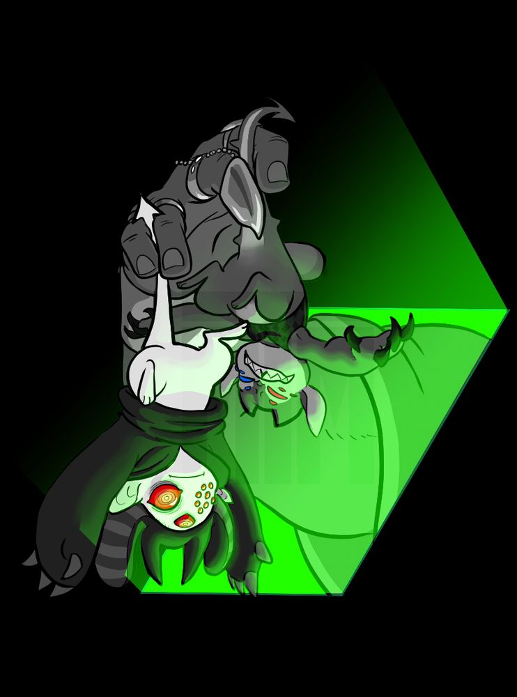 Lockyer's hand emerging from a window with a neon green glow coming from within. Between their fingers, they have Imp Lokee and Jack's sona held by their tails. Lokee's pissed, AJ is kind of terrified.