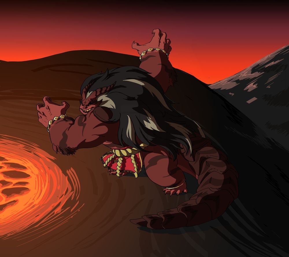 A Goron inspired by CRK's Burning Spice is on a volcano, about to take a swipe at you. She smiles menacingly.