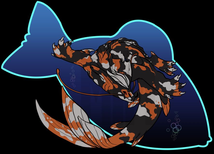 A koi--themed creature swimming about in dark waters, framed by a fish.