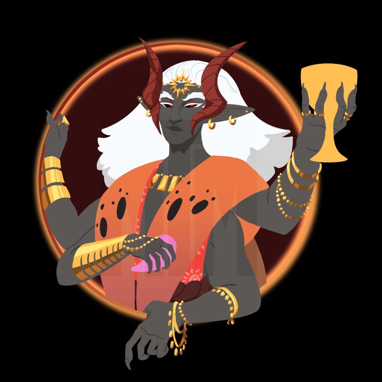 A volcarona gijinka with four arms resting in a circular frame. Two hands lean on the frame, one's holding a persim berry, and another is holding up a chalice.