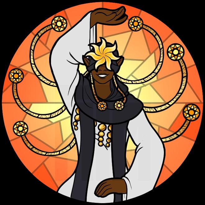 A stained glass window depicting Drelys, goddess of the sun, Elves, and dance. 