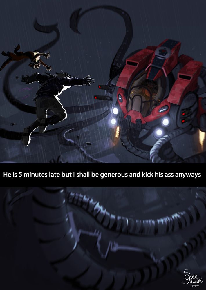 Art by Stevie Gallart of Dark Jak launching toward Baron Praxis' mech, which has taken some damage from the battle. He and Daxter are illuminated by the headlights of the mech. The Snapchat text bar reads, "He is 5 minutes late but I shall be generous and kick his ass anyways."