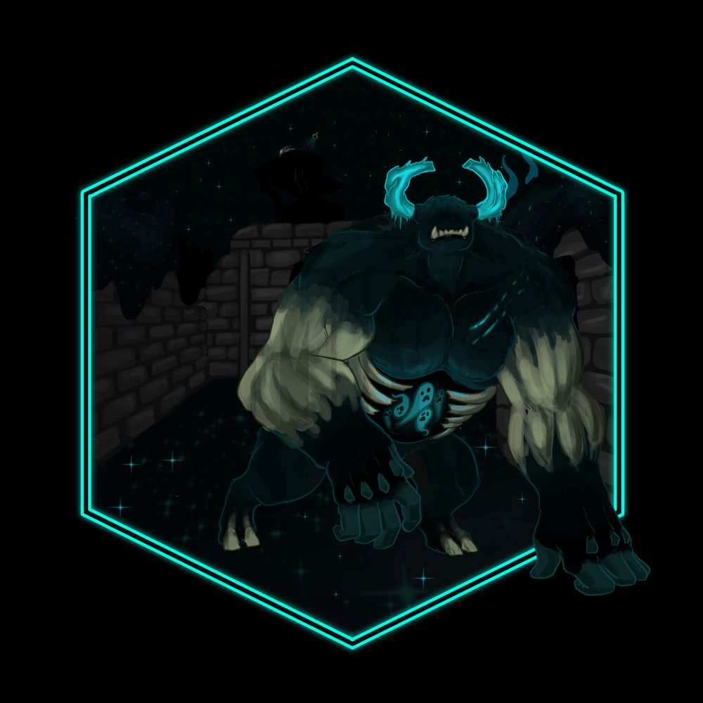 A heavily muscular Warden from Minecraft in a hexagonal frame. She's walking on her knuckles down a road in an Ancient City, horns and souls providing the only illumination. In the far back, Grant can be seen sitting atop a dilapidated watchtower, because I'm a gremlin who can't control herself.