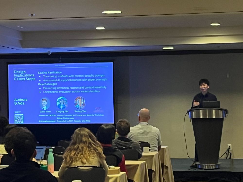 Zikai is concluding his talk with the final slides about the conclusion and authors information about family privacy education.